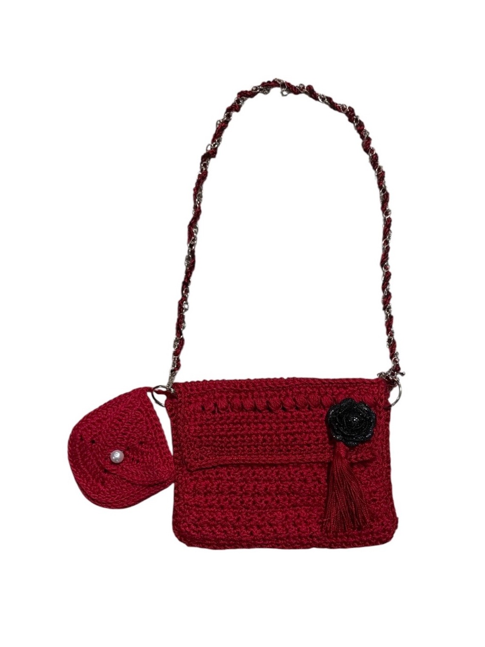 Handmade Burgundy Crochet Shoulder Bag Chain Strap Flower Tassel Coin Pouch